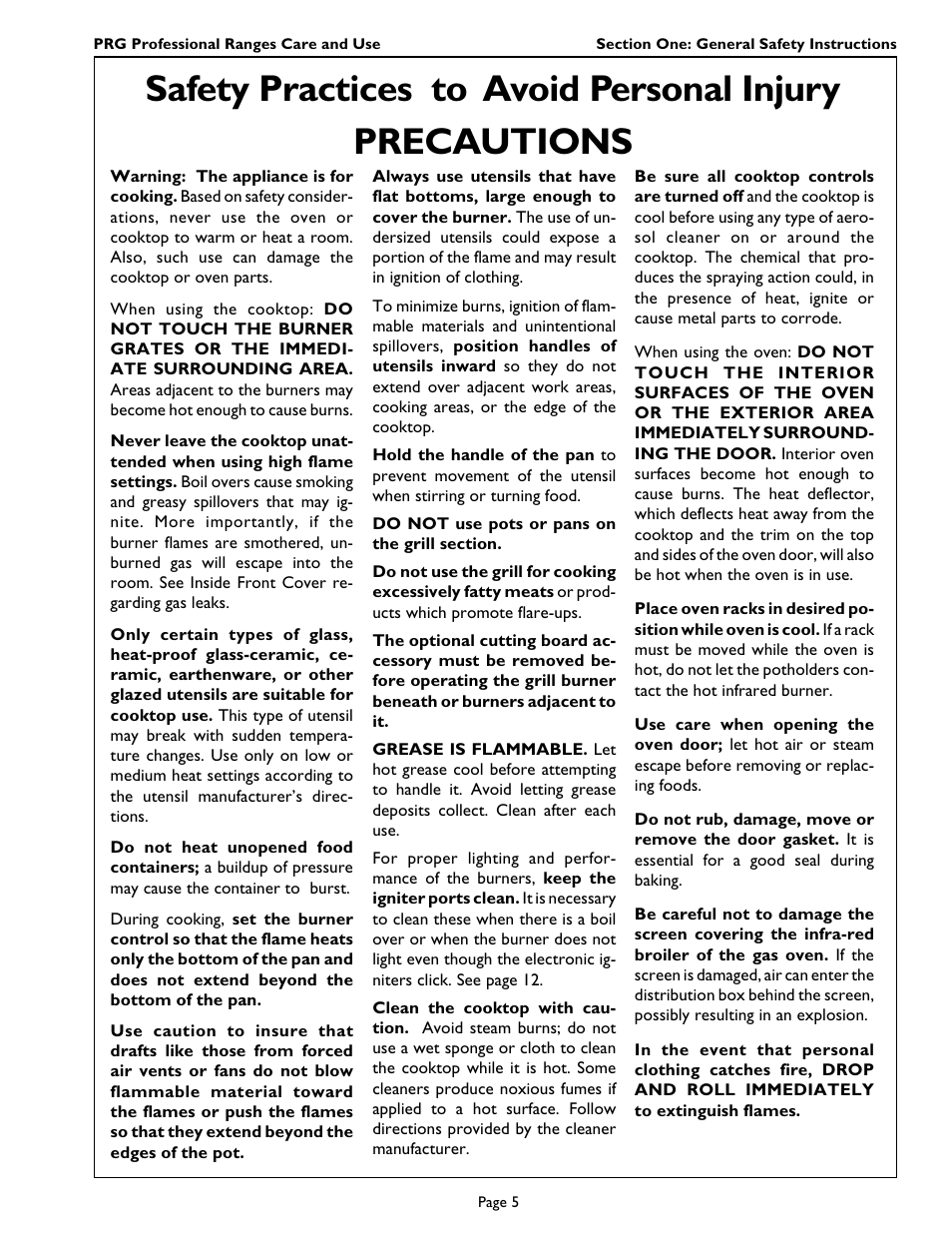 Precautions, Safety practices to avoid personal injury | Thermador PRG364GL User Manual | Page 7 / 40