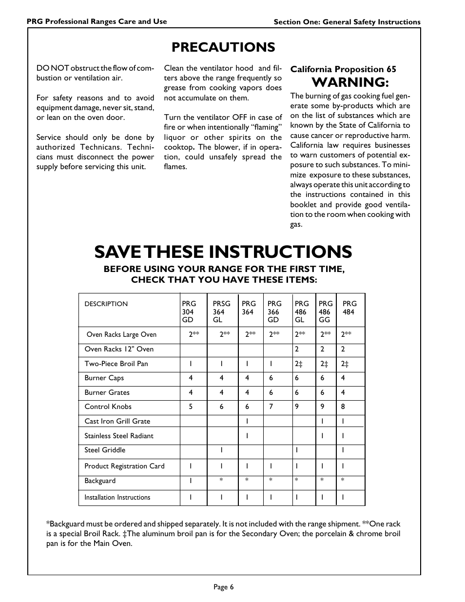 Save these instructions, Precautions, Warning | Thermador PRG364GL User Manual | Page 8 / 40