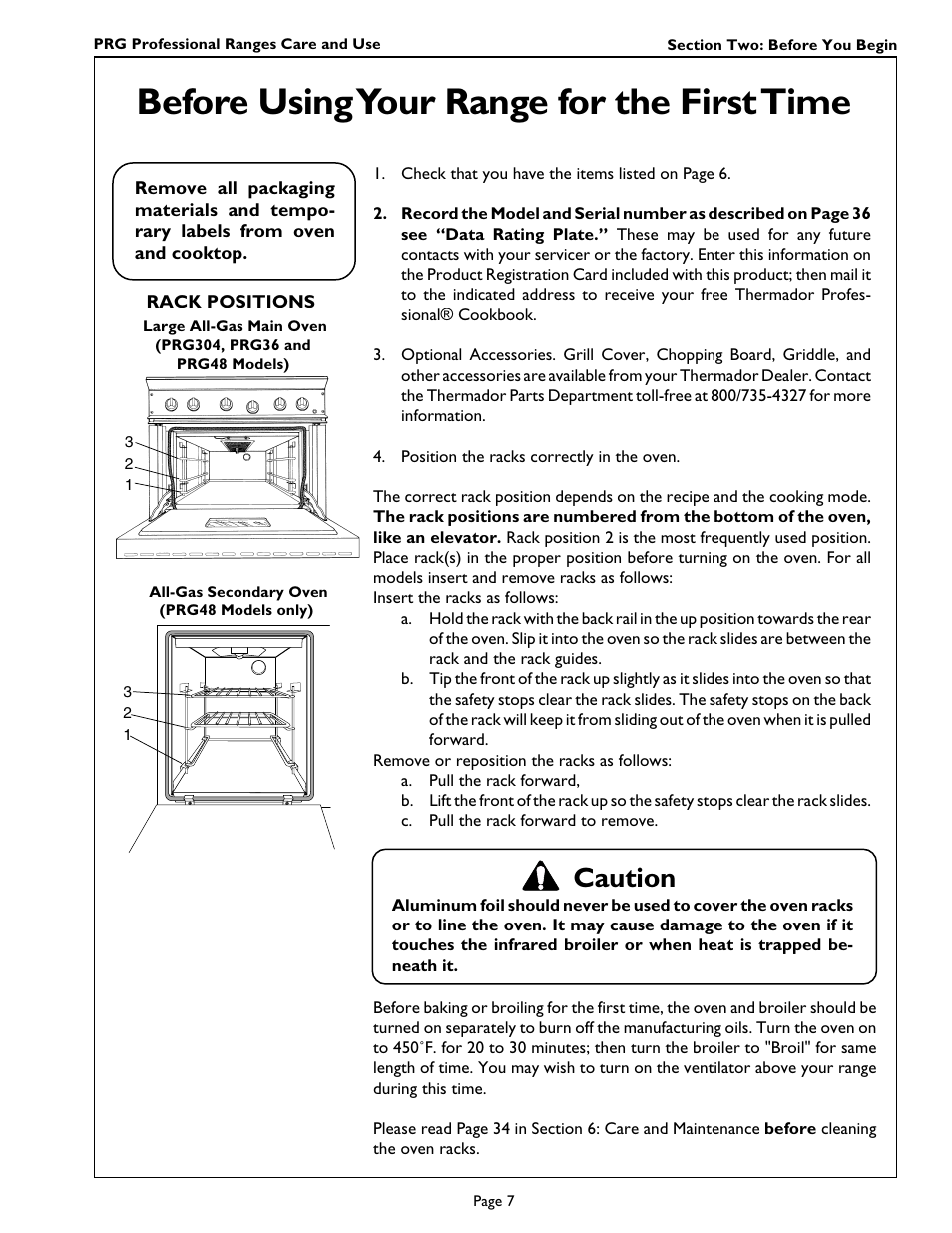Before using your range for the first time, Caution | Thermador PRG364GL User Manual | Page 9 / 40