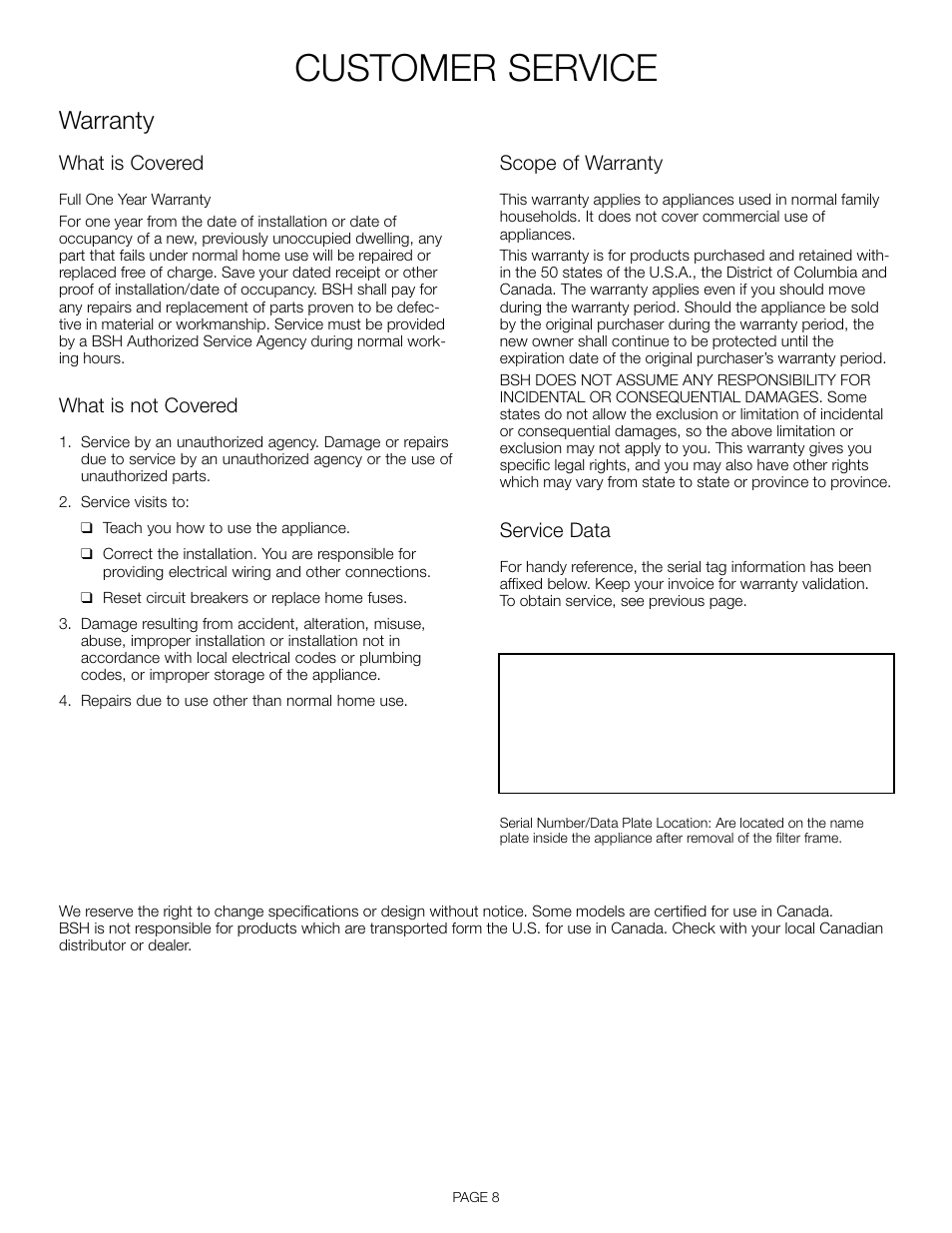 Customer service, Warranty | Thermador VCI 236 User Manual | Page 10 / 28