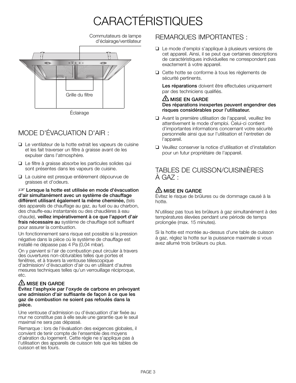 Caractéristiques, Mode d'évacuation d'air, Remarques importantes | Tables de cuisson/cuisinières à gaz | Thermador VCI 236 User Manual | Page 13 / 28