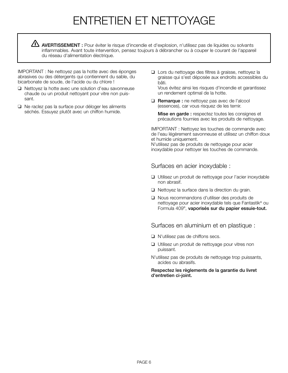 Entretien et nettoyage, Surfaces en acier inoxydable, Surfaces en aluminium et en plastique | Thermador VCI 236 User Manual | Page 16 / 28