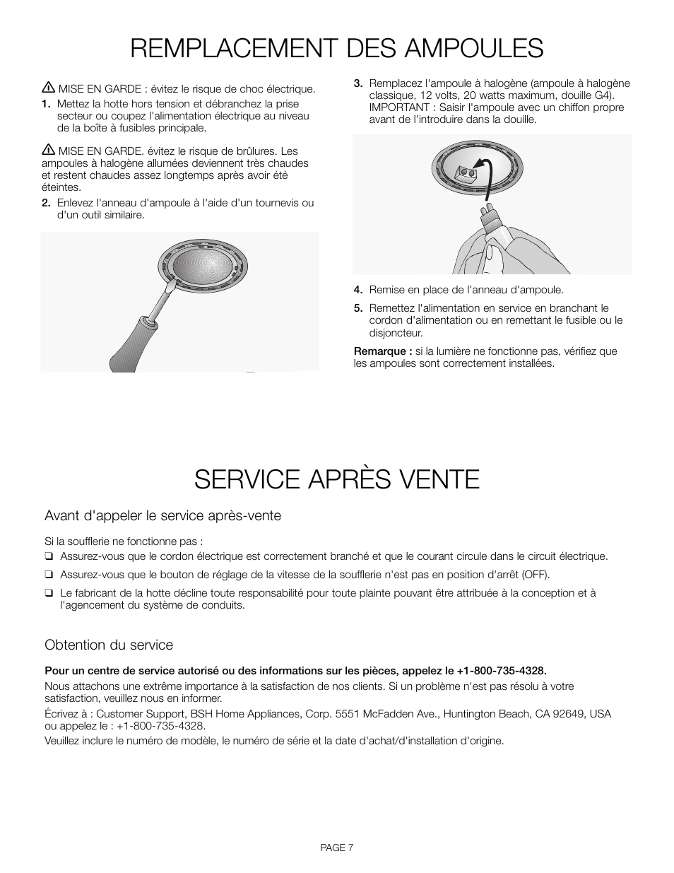 Remplacement des ampoules, Service après vente | Thermador VCI 236 User Manual | Page 17 / 28