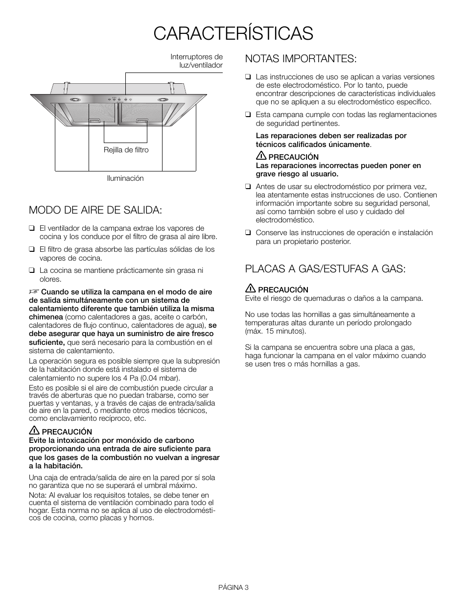 Características, Modo de aire de salida, Notas importantes | Placas a gas/estufas a gas | Thermador VCI 236 User Manual | Page 21 / 28