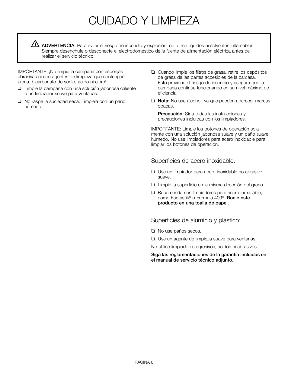 Cuidado y limpieza, Superficies de acero inoxidable, Superficies de aluminio y plástico | Thermador VCI 236 User Manual | Page 24 / 28