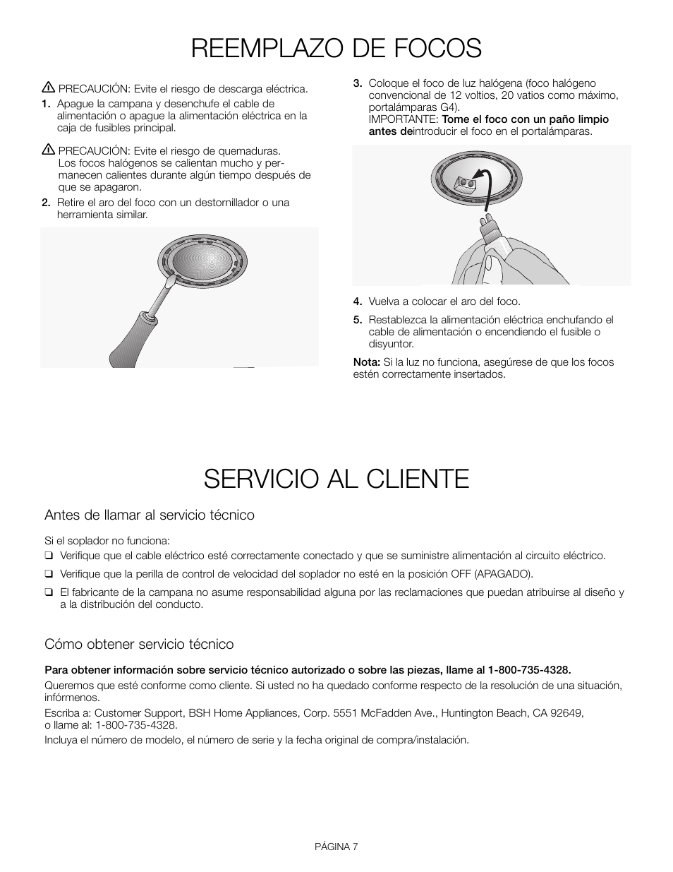 Reemplazo de focos, Servicio al cliente | Thermador VCI 236 User Manual | Page 25 / 28