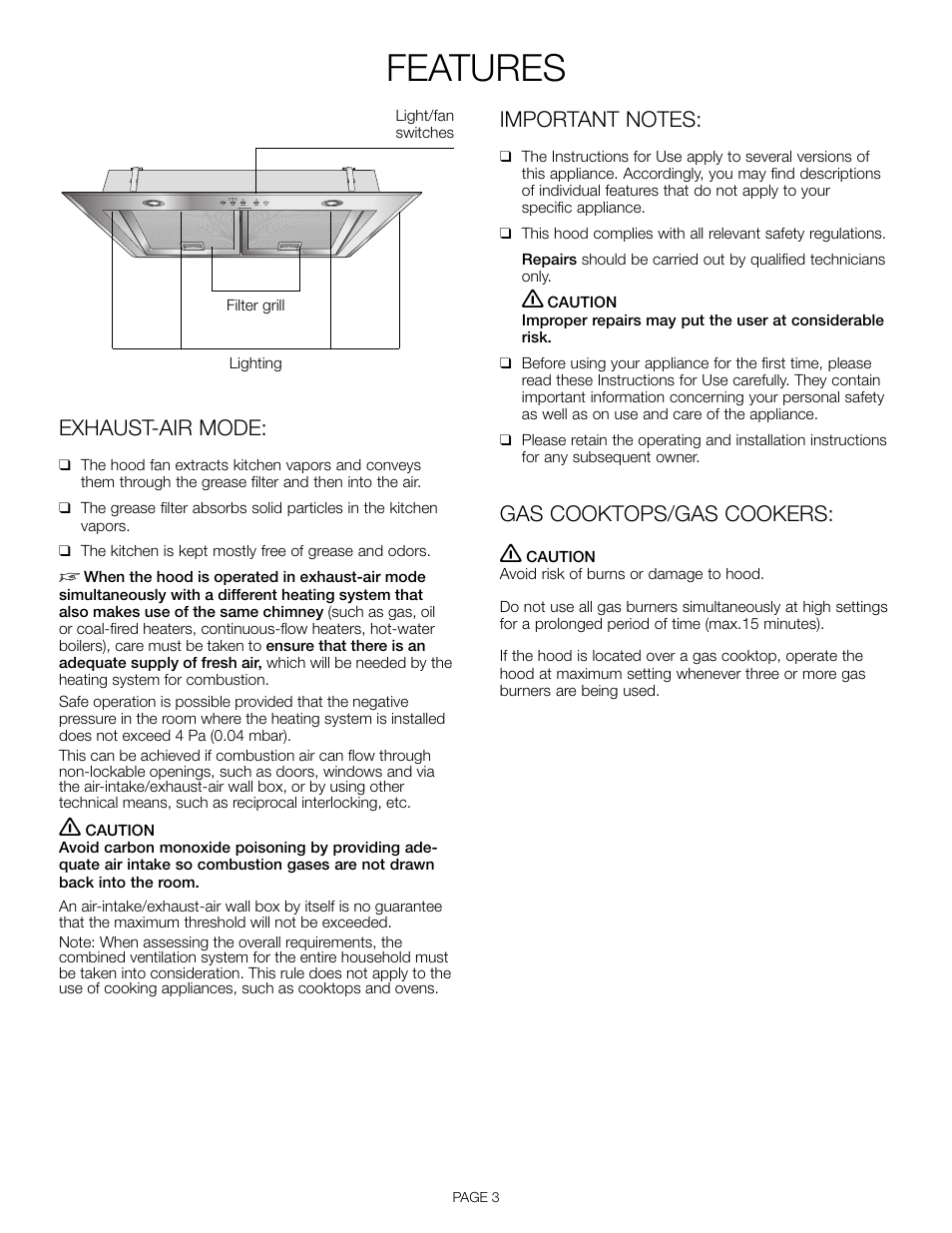 Features, Exhaust-air mode, Gas cooktops/gas cookers | Thermador VCI 236 User Manual | Page 5 / 28