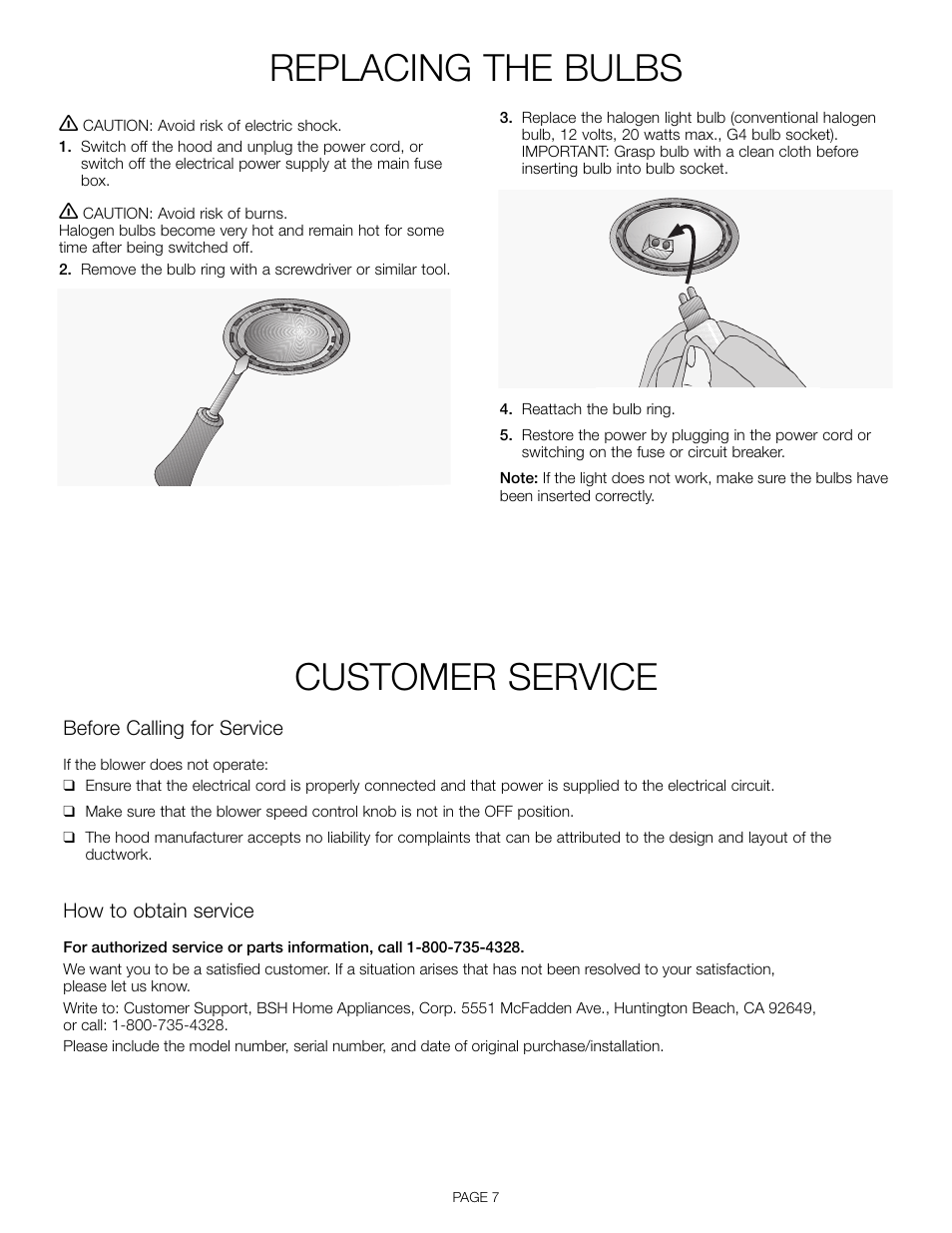 Replacing the bulbs, Customer service | Thermador VCI 236 User Manual | Page 9 / 28