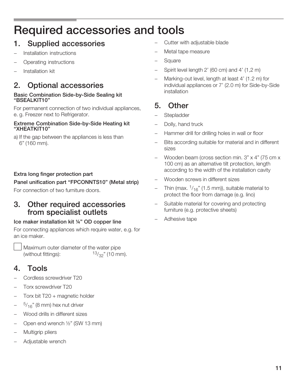 Required accessories and tools, Supplied accessories, Optional accessories 8 | Other required accessories from specialist outlets, Tools, Other | Thermador 9000189697 User Manual | Page 11 / 93