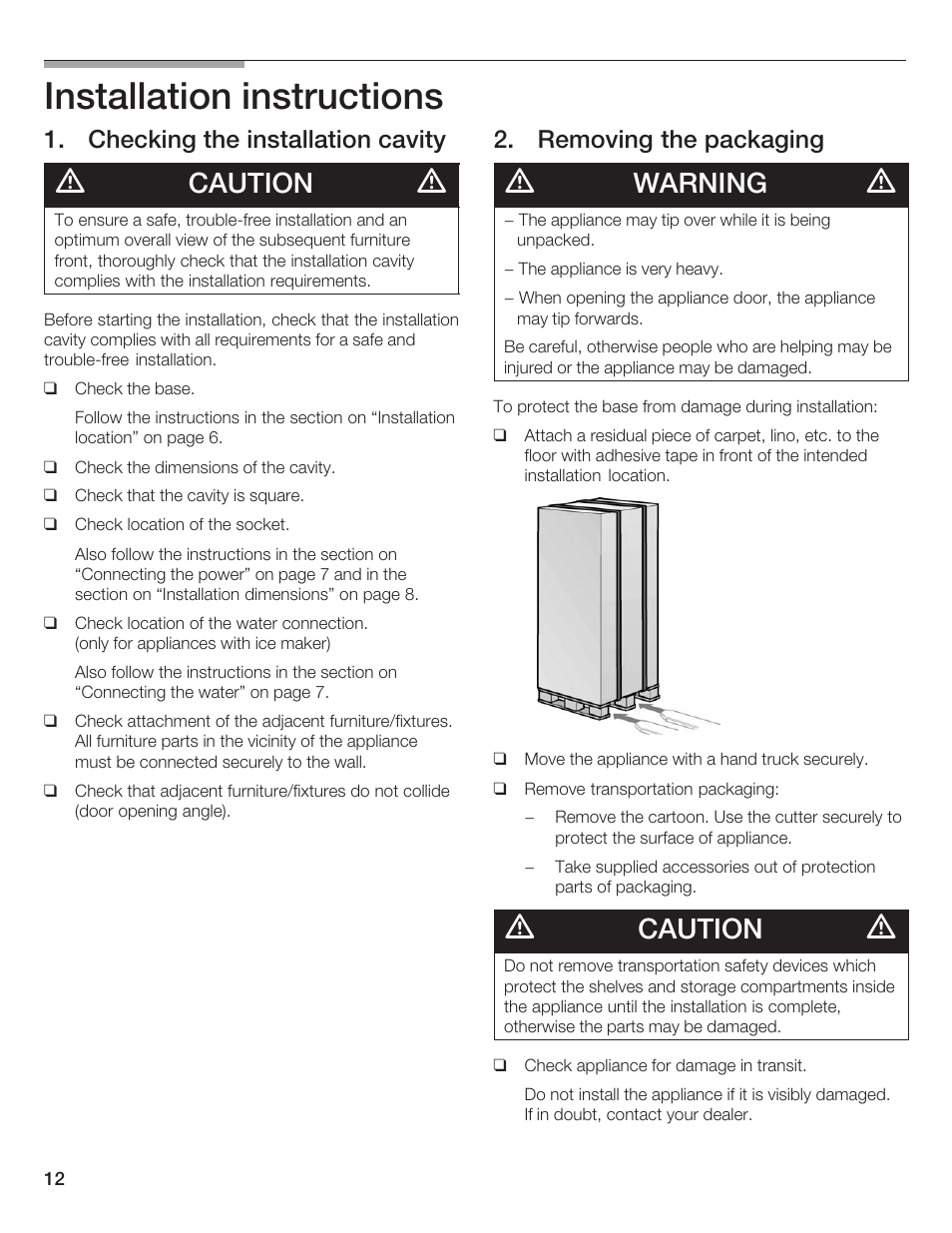 Installation instructions, Caution, Warning | Checking the installation cavity, Removing the packaging | Thermador 9000189697 User Manual | Page 12 / 93