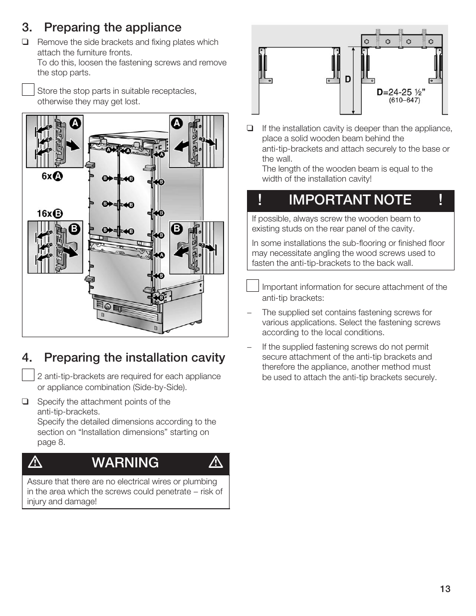 Warning, Preparing the appliance, Preparing the installation cavity | Thermador 9000189697 User Manual | Page 13 / 93