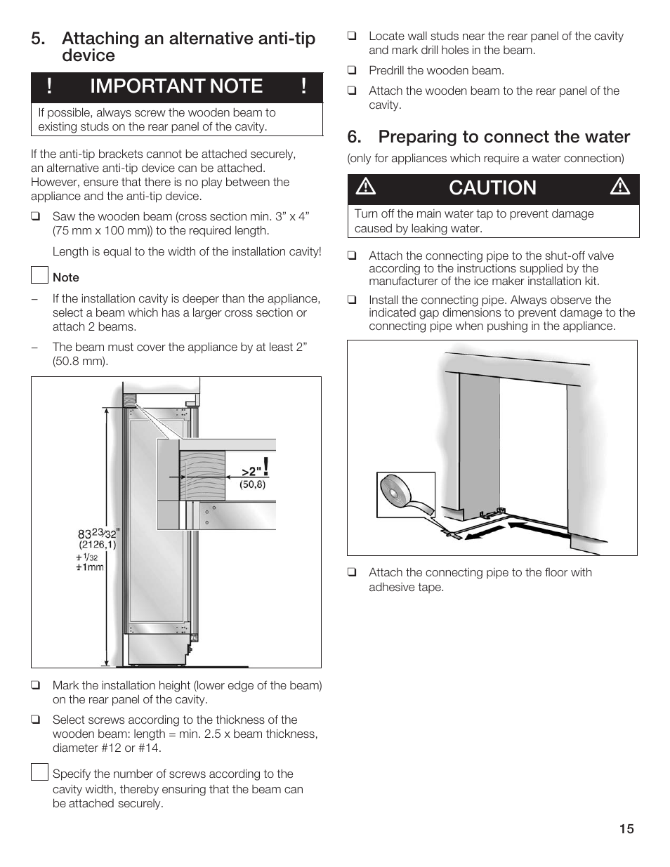 Caution, Attaching an alternative antićtip device, Preparing to connect the water | Thermador 9000189697 User Manual | Page 15 / 93