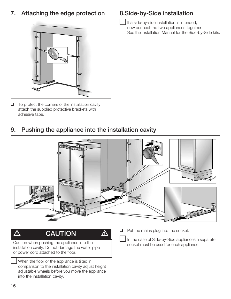 Caution, Attaching the edge protection, Sidećbyćside installation | Pushing the appliance into the installation cavity | Thermador 9000189697 User Manual | Page 16 / 93