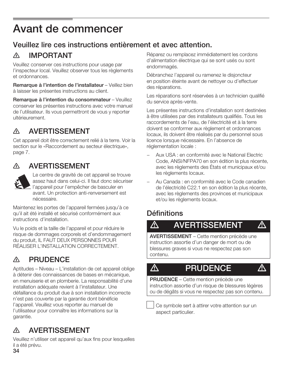 Avant de commencer, Avertissement, Prudence | E avertissement, E prudence, Définitions | Thermador 9000189697 User Manual | Page 34 / 93