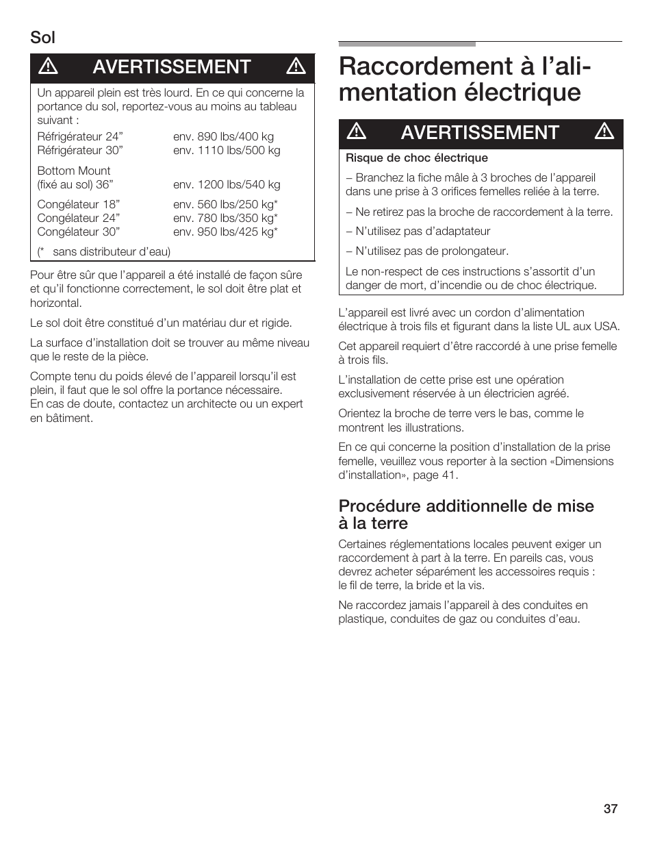 Raccordement à l'alić mentation électrique, Avertissement, Procédure additionnelle de mise à la terre | Thermador 9000189697 User Manual | Page 37 / 93