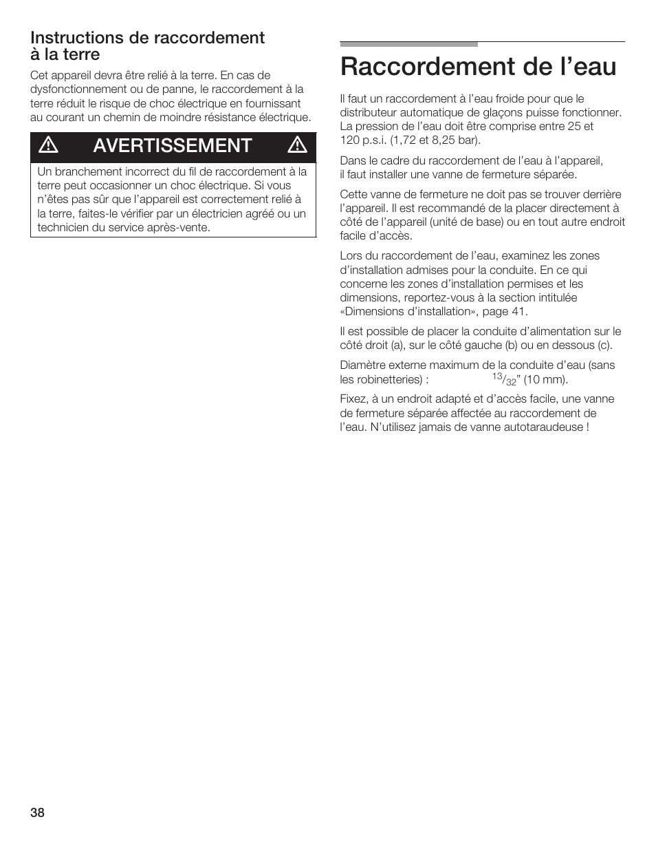 Raccordement de l'eau, Avertissement, Instructions de raccordement à la terre | Thermador 9000189697 User Manual | Page 38 / 93