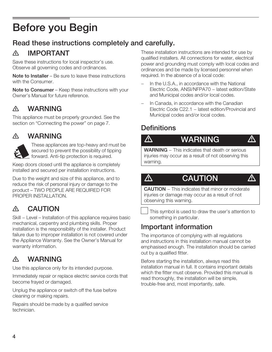 Before you begin, Warning, Caution | E warning, E caution, Definitions, Important information | Thermador 9000189697 User Manual | Page 4 / 93