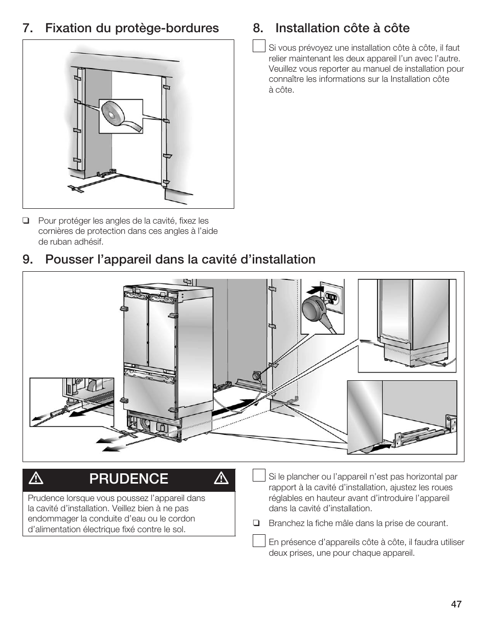 Prudence, Fixation du protègećbordures, Installation côte à côte | Pousser l'appareil dans la cavité d'installation | Thermador 9000189697 User Manual | Page 47 / 93