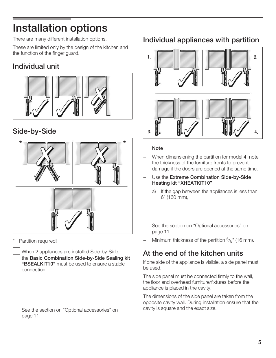 Installation options, Individual unit sidećbyćside, Individual appliances with partition | At the end of the kitchen units | Thermador 9000189697 User Manual | Page 5 / 93