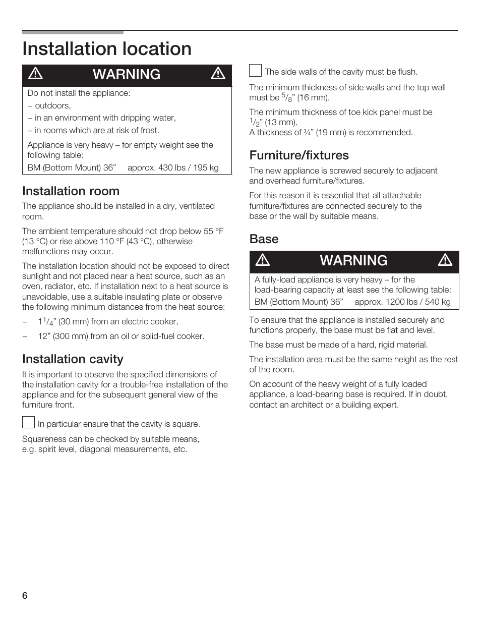 Installation location, Warning, Installation room | Installation cavity, Furniture/fixtures, Base | Thermador 9000189697 User Manual | Page 6 / 93