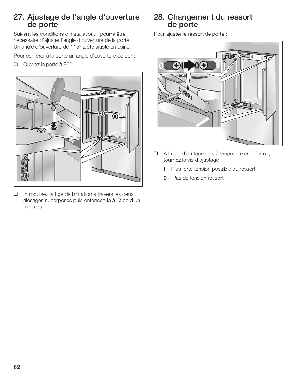 Ajustage de l'angle d'ouverture de porte, Changement du ressort de porte | Thermador 9000189697 User Manual | Page 62 / 93