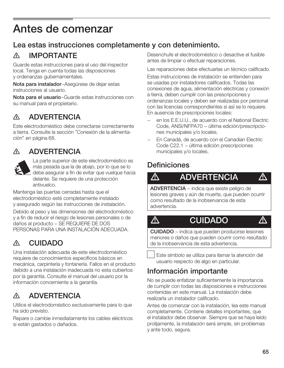 Antes de comenzar, Advertencia, Cuidado | E advertencia, E cuidado, Definiciones, Información importante | Thermador 9000189697 User Manual | Page 65 / 93