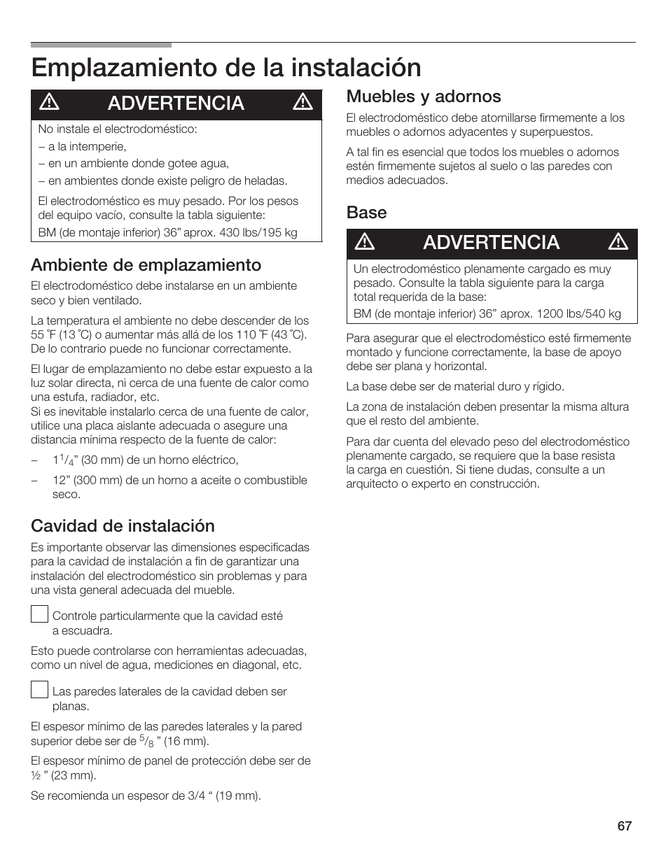 Emplazamiento de la instalación, Advertencia, Ambiente de emplazamiento | Cavidad de instalación, Muebles y adornos, Base | Thermador 9000189697 User Manual | Page 67 / 93