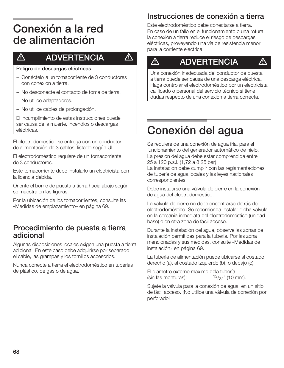 Conexión a la red de alimentación, Conexión del agua, Advertencia | Procedimiento de puesta a tierra adicional, Instrucciones de conexión a tierra | Thermador 9000189697 User Manual | Page 68 / 93