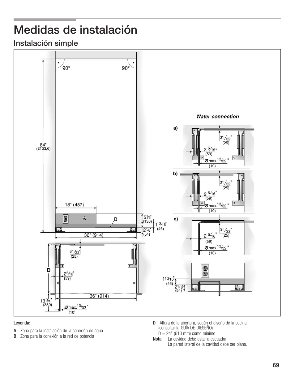 Medidas de instalación, Instalación simple 10 | Thermador 9000189697 User Manual | Page 69 / 93