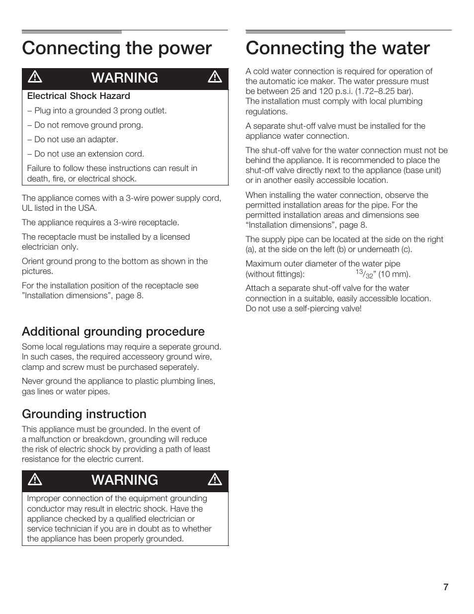 Connecting the power, Connecting the water, Warning | Additional grounding procedure, Grounding instruction | Thermador 9000189697 User Manual | Page 7 / 93