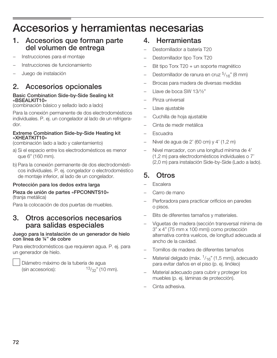 Accesorios y herramientas necesarias, Accesorios que forman parte del volumen de entrega, Accesorios opcionales 12 | Herramientas, Otros | Thermador 9000189697 User Manual | Page 72 / 93