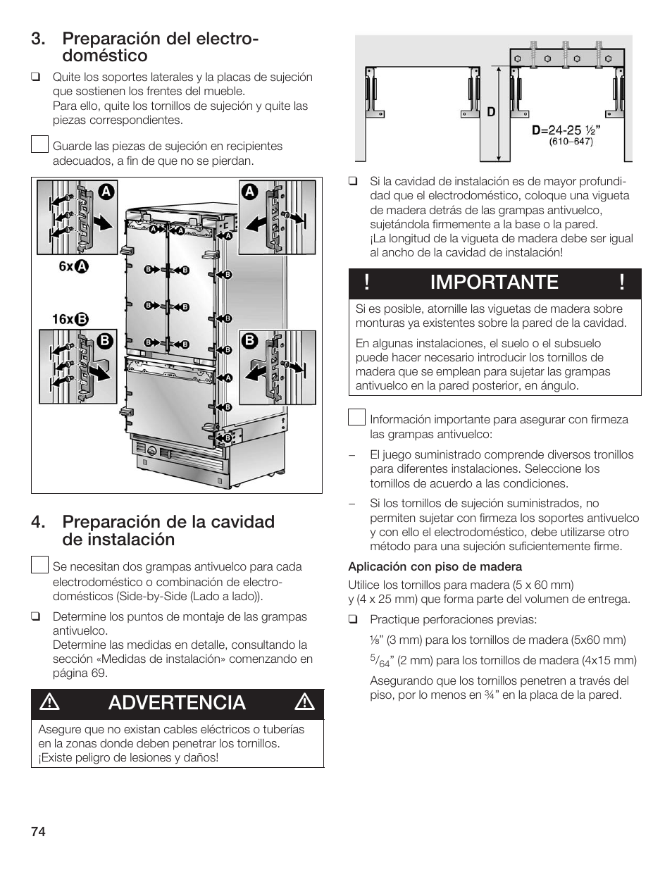 Advertencia, Importante, Preparación del electroć doméstico | Preparación de la cavidad de instalación | Thermador 9000189697 User Manual | Page 74 / 93