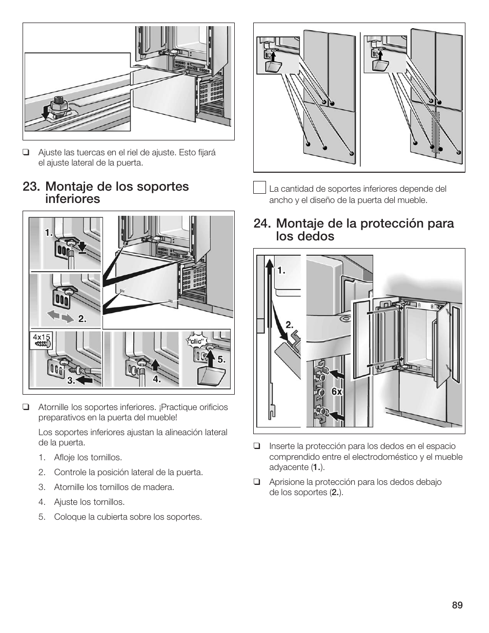 Montaje de los soportes inferiores, Montaje de la protección para los dedos | Thermador 9000189697 User Manual | Page 89 / 93