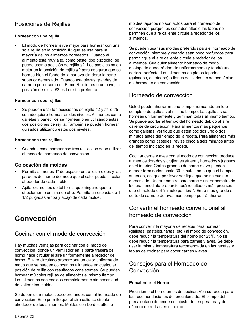 Posiciones de rejillas, Hornear con una rejilla, Hornear con dos rejillas | Hornear con tres rejillas, Colocación de moldes, Convección, Cocinar con el modo de convección, Horneado de convección, Consejos para el horneado de convección, Precalentar el horno | Thermador PRO-HARMONY PRL30 User Manual | Page 100 / 116