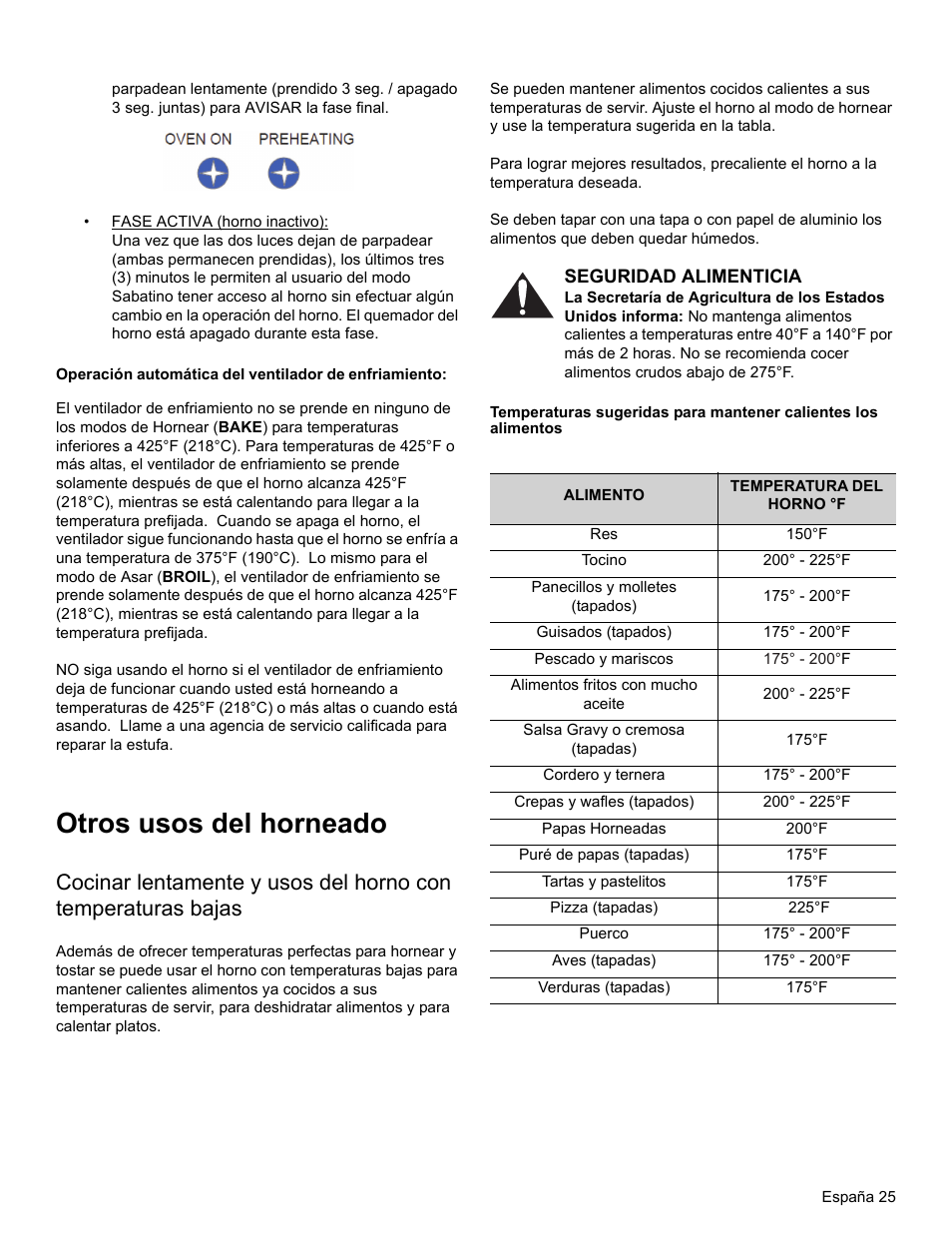 Otros usos del horneado, Seguridad alimenticia, 150°f | Tocino, 200° - 225°f, Panecillos y molletes (tapados), 175° - 200°f, Guisados (tapados), Pescado y mariscos, Alimentos fritos con mucho aceite | Thermador PRO-HARMONY PRL30 User Manual | Page 103 / 116