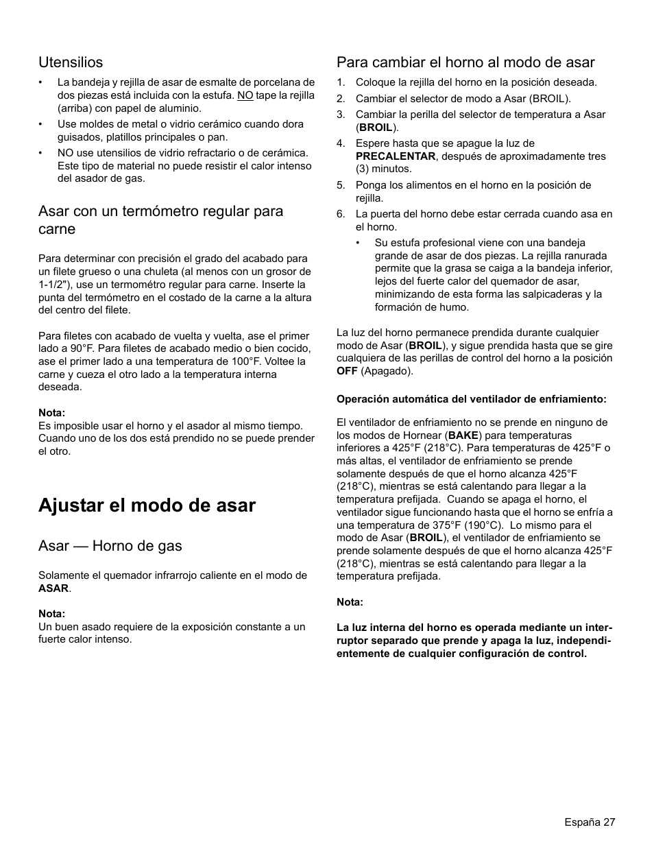 Utensilios, Asar con un termómetro regular para carne, Nota | Ajustar el modo de asar, Asar — horno de gas, Para cambiar el horno al modo de asar, Cambiar el selector de modo a asar (broil) | Thermador PRO-HARMONY PRL30 User Manual | Page 105 / 116