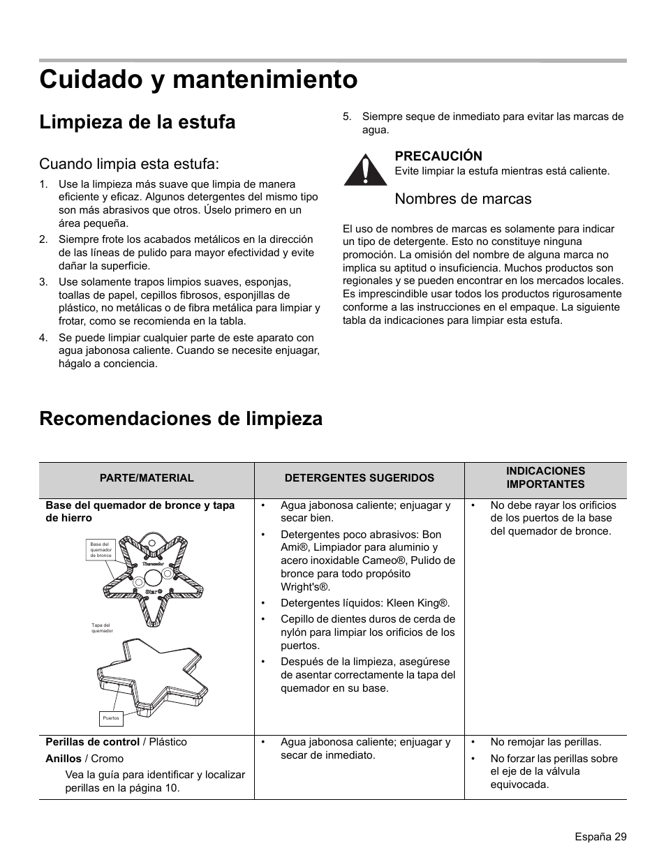 Cuidado y mantenimiento, Limpieza de la estufa, Cuando limpia esta estufa | Precaución, Nombres de marcas, Recomendaciones de limpieza | Thermador PRO-HARMONY PRL30 User Manual | Page 107 / 116