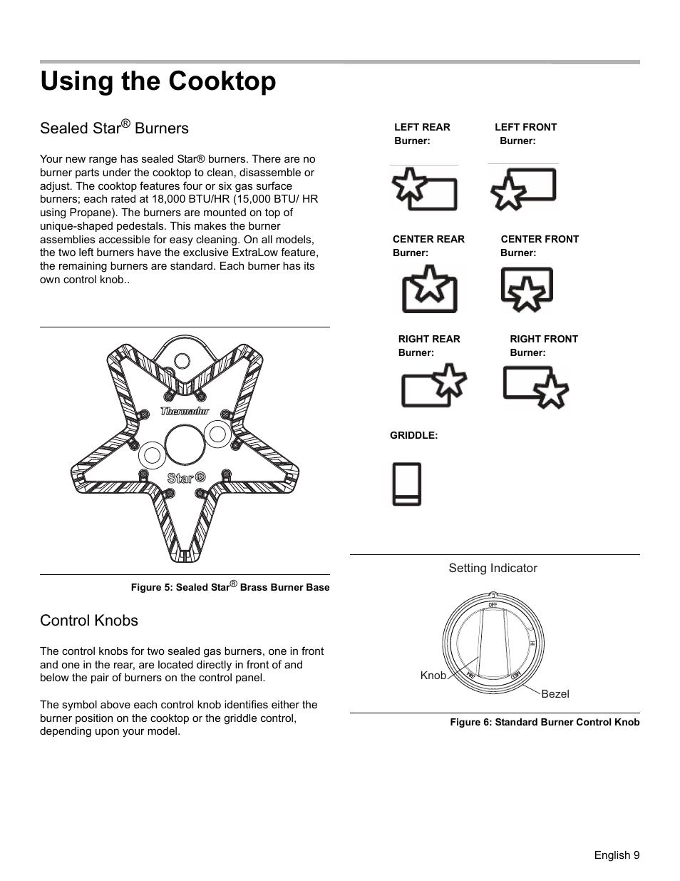 Using the cooktop, Sealed star® burners, Figure 5: sealed star® brass burner base | Control knobs, Figure 6: standard burner control knob, Using the cooktop” and, Sealed star, Burners | Thermador PRO-HARMONY PRL30 User Manual | Page 11 / 116