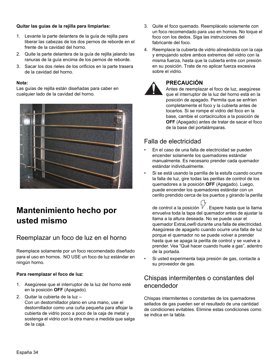 Quitar las guías de la rejilla para limpiarlas, Nota, Mantenimiento hecho por usted mismo | Reemplazar un foco de luz en el horno, Para reemplazar el foco de luz, Precaución, Falla de electricidad, Chispas intermitentes o constantes del encendedor | Thermador PRO-HARMONY PRL30 User Manual | Page 112 / 116