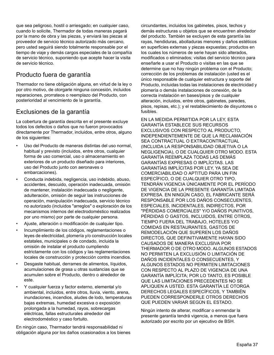 Producto fuera de garantía, Exclusiones de la garantía | Thermador PRO-HARMONY PRL30 User Manual | Page 115 / 116