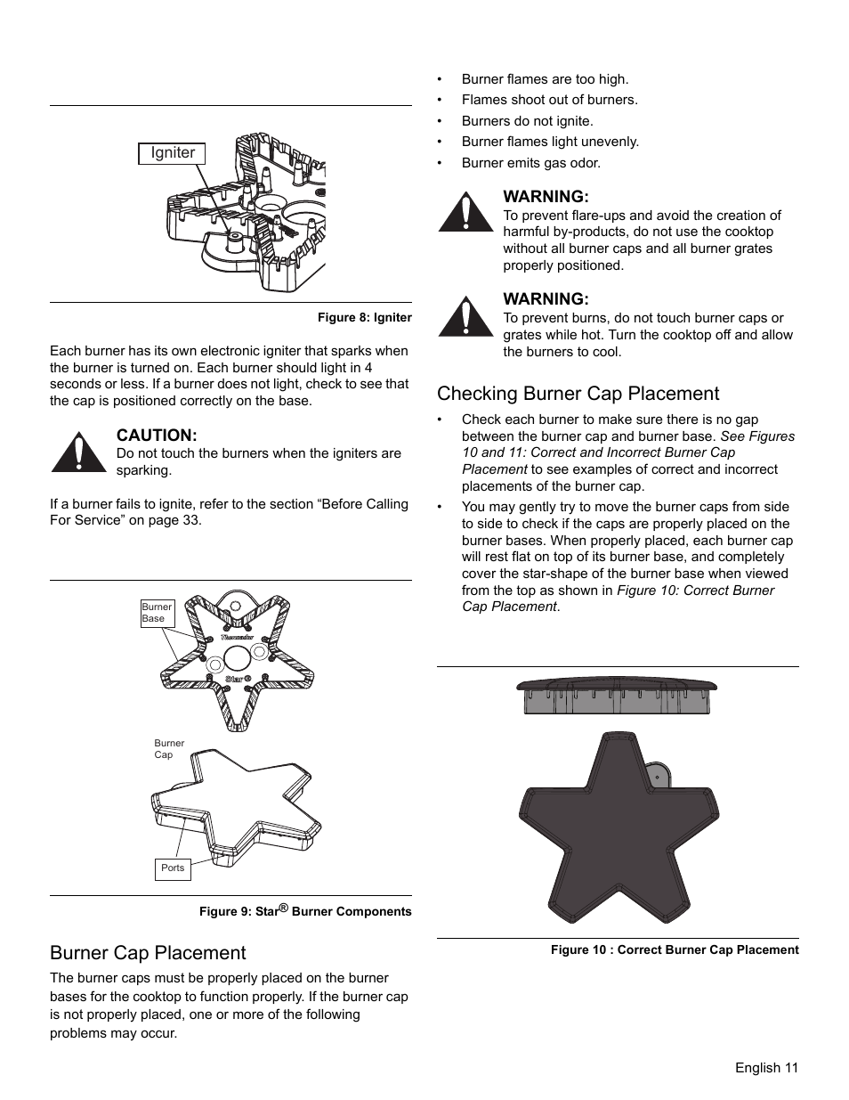 Figure 8: igniter, Caution, Figure 9: star® burner components | Burner cap placement, Warning, Checking burner cap placement, Figure 10 : correct burner cap placement | Thermador PRO-HARMONY PRL30 User Manual | Page 13 / 116