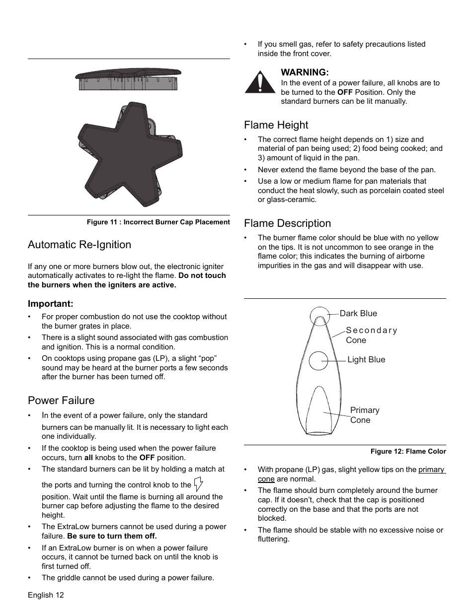 Figure 11 : incorrect burner cap placement, Automatic re-ignition, Important | Power failure, Warning, Flame height, Flame description, Figure 12: flame color | Thermador PRO-HARMONY PRL30 User Manual | Page 14 / 116
