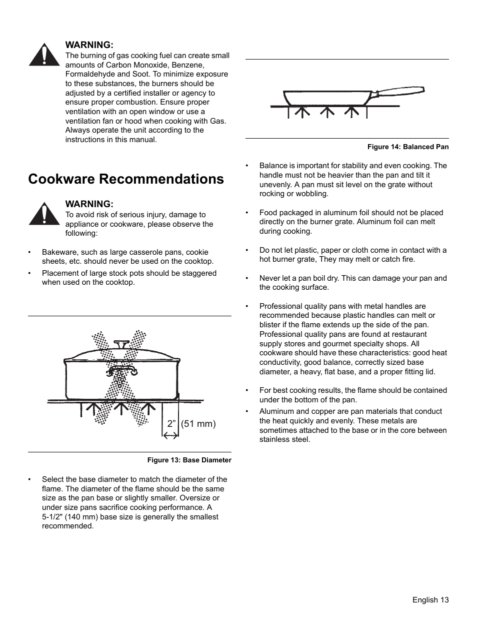 Warning, Cookware recommendations, Figure 13: base diameter | Figure 14: balanced pan | Thermador PRO-HARMONY PRL30 User Manual | Page 15 / 116