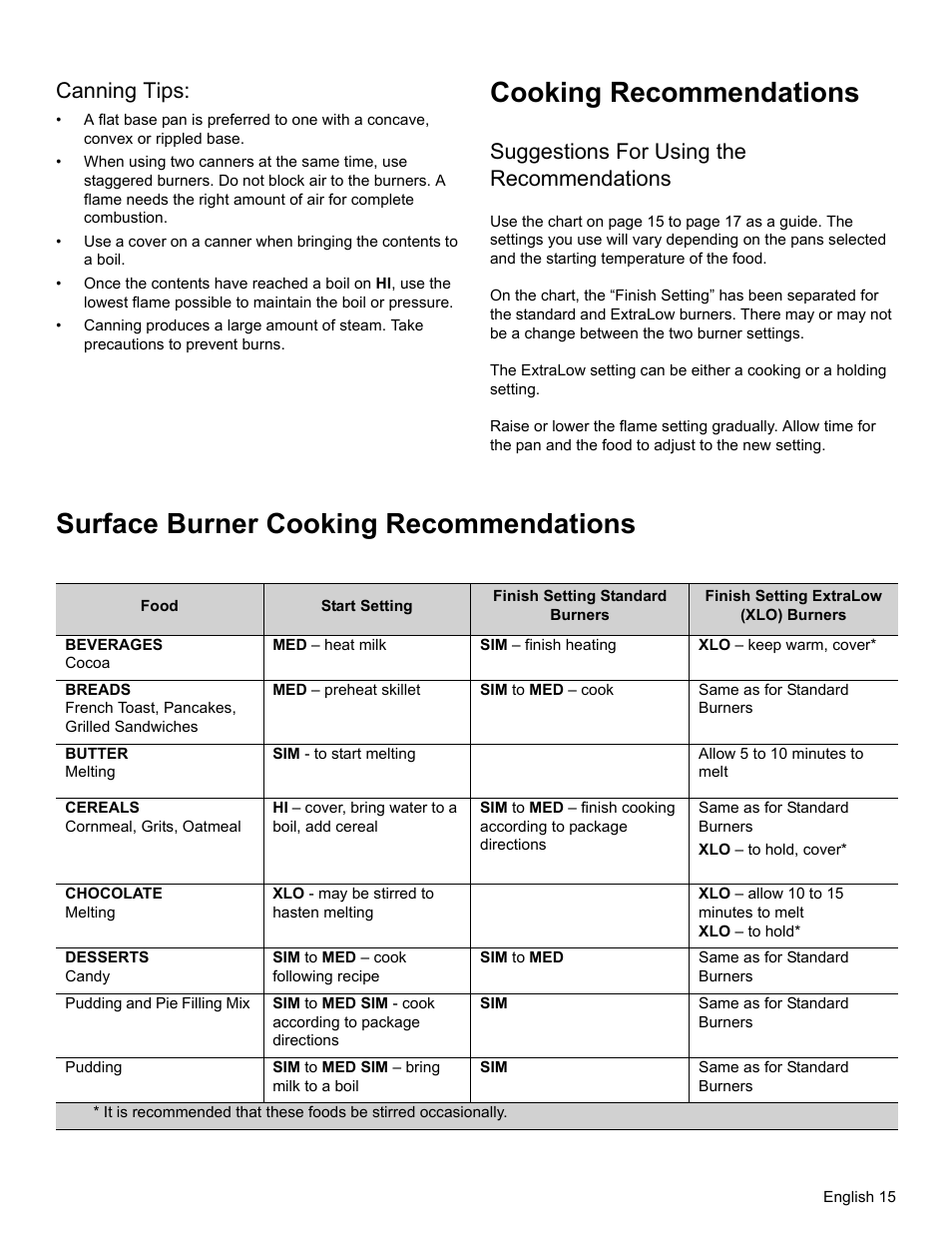 Canning tips, Cooking recommendations, Suggestions for using the recommendations | Surface burner cooking recommendations | Thermador PRO-HARMONY PRL30 User Manual | Page 17 / 116