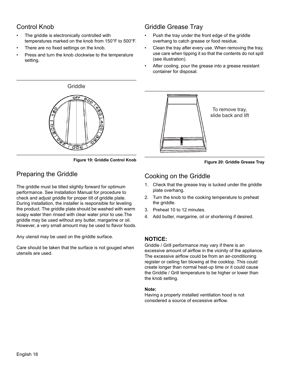 Control knob, Figure 19: griddle control knob, Preparing the griddle | Griddle grease tray, Figure 20: griddle grease tray, Cooking on the griddle, Preheat 10 to 12 minutes, Notice, Note | Thermador PRO-HARMONY PRL30 User Manual | Page 20 / 116