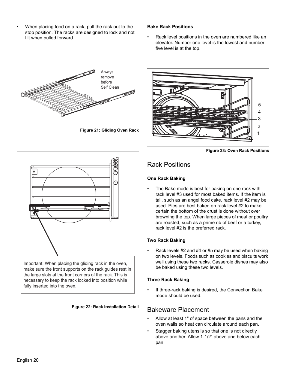 Figure 21: gliding oven rack, Figure 22: rack installation detail, Bake rack positions | Figure 23: oven rack positions, Rack positions, One rack baking, Two rack baking, Three rack baking, Bakeware placement | Thermador PRO-HARMONY PRL30 User Manual | Page 22 / 116