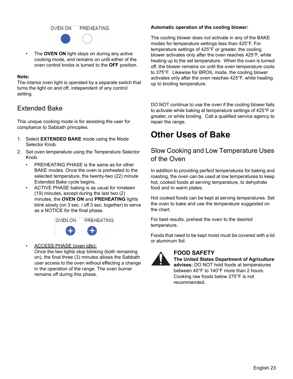 Note, Extended bake, Automatic operation of the cooling blower | Other uses of bake, Slow cooking and low temperature uses of the oven, Food safety | Thermador PRO-HARMONY PRL30 User Manual | Page 25 / 116