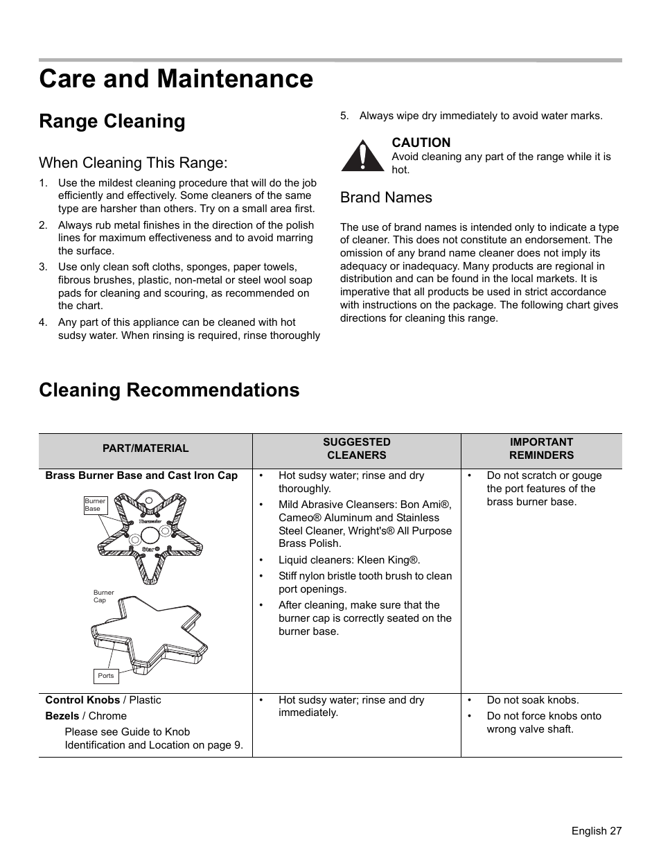 Care and maintenance, Range cleaning, When cleaning this range | Always wipe dry immediately to avoid water marks, Caution, Brand names, Cleaning recommendations | Thermador PRO-HARMONY PRL30 User Manual | Page 29 / 116
