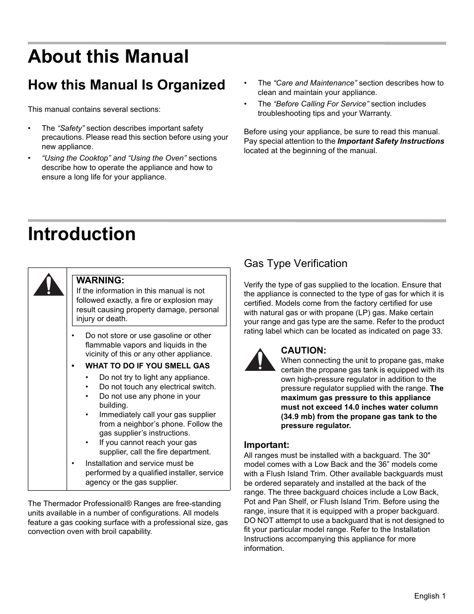 About this manual, How this manual is organized, Introduction | Warning, Gas type verification, Caution, Important | Thermador PRO-HARMONY PRL30 User Manual | Page 3 / 116