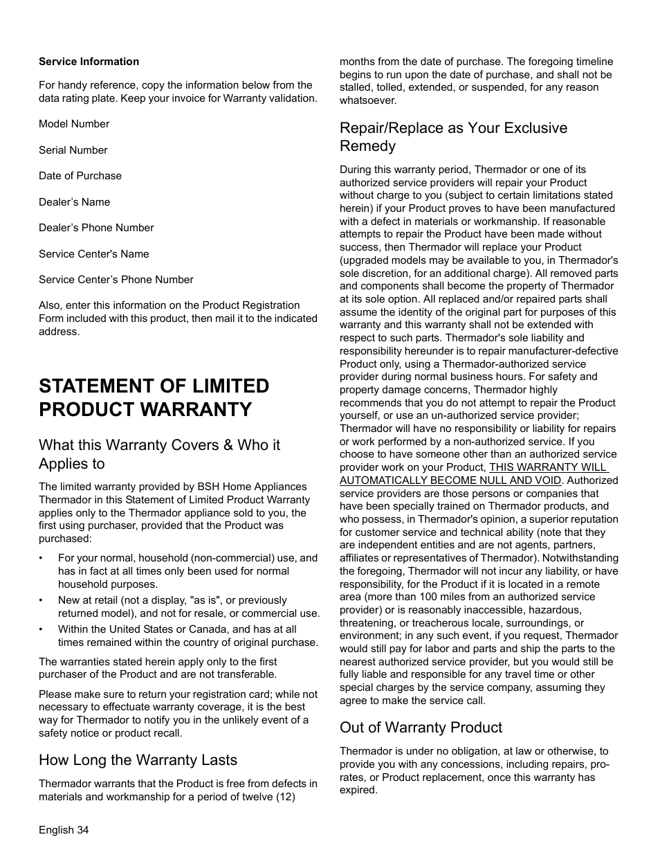 Service information, Statement of limited product warranty, What this warranty covers & who it applies to | How long the warranty lasts, Repair/replace as your exclusive remedy, Out of warranty product | Thermador PRO-HARMONY PRL30 User Manual | Page 36 / 116